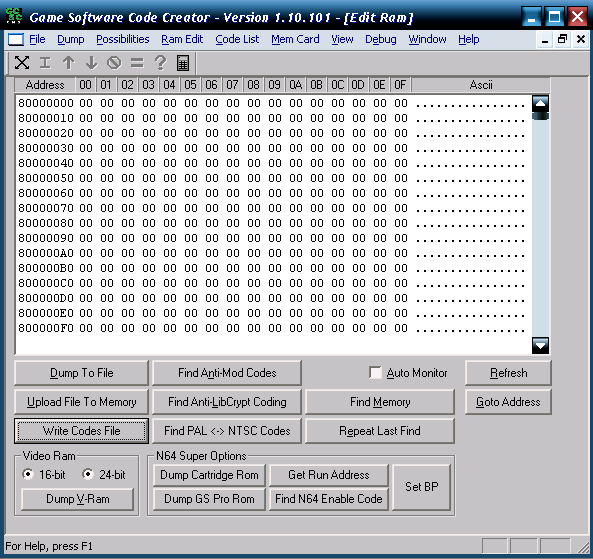 Game Software Code Creator: RAM Edit Window